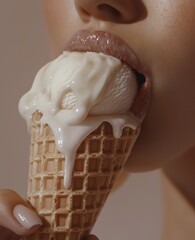 A close-up of an ice cream cone on the lips holding by woman's hand. The woman is licking vanilla ice-cream melting on her hand.