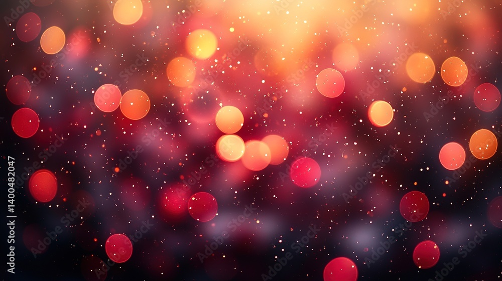 Poster dreamy bokeh lights background with sparkling dots in warm red and golden tones