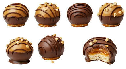 Obraz premium Assorted Caramel Filled Chocolate Candies on Transparent Background