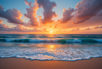 Colorful Ocean Sunrise with Dramatic Clouds and Waves
