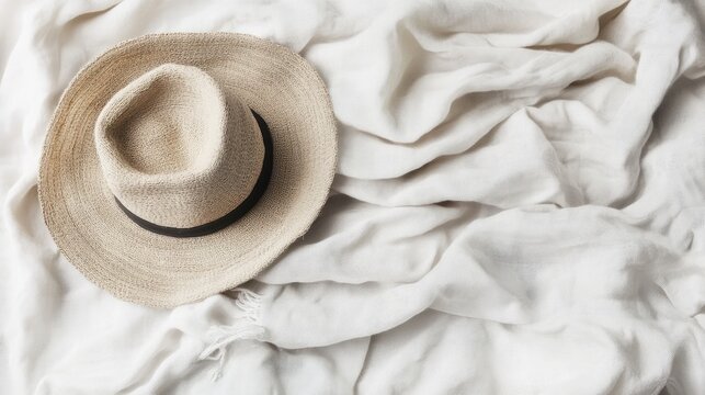 Beige straw hat on a bed of white linen