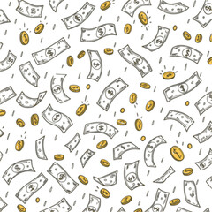 Seamless pattern of raining money doodle. Falling Dollar Banknotes, gold coins in sketch style. Vector illustration
