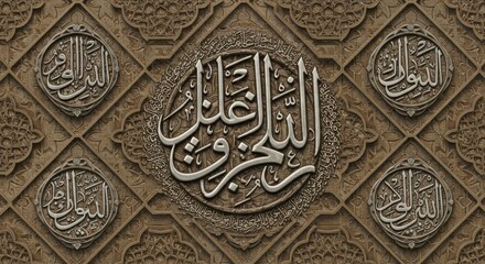 Obraz premium Intricate Islamic Calligraphy Art Design Brown Stone Carving Pattern Background