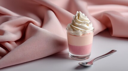 This dessert features a delightful layered pink mousse in a transparent glass cup, crowned with a generous swirl of whipped cream, beautifully presented on pink fabric