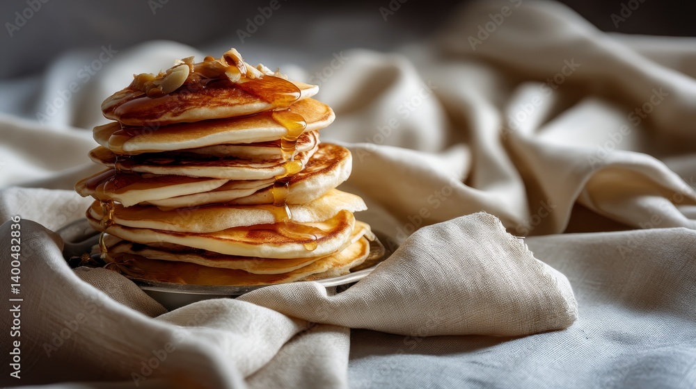 Poster A stack of fluffy pancakes drizzled with syrup sits in a rustic tin container, glowing in warm golden tones against a soft linen tablecloth, inviting indulgence