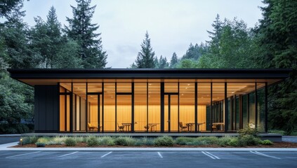 Modern minimalist contemporary building nestled within lush greenery, featuring large windows and a spacious interior, bathed in soft ambient light