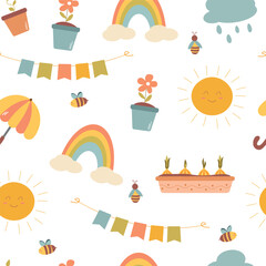 Seamless pattern with rainbows, umbrellas, clouds. Cartoon gardening illustration. Perfect for wrapping paper, textile, scrapbooking paper, and kids.