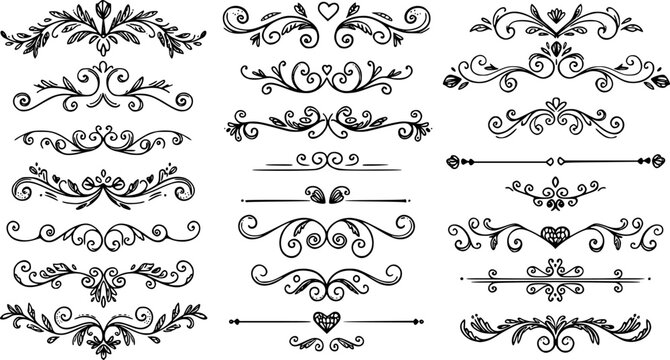 Text dividers doodle set. Wedding decorative elements. Divider ornament, borders, vintage line separators. Hand drawn vector illustration isolated on white background