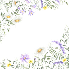 Obraz premium Watercolor wildflowers chamomile, bellflower, buttercup, mouse pea and meadow grasses. Hand drawn isolated square frame of yellow and lilac flowers with copy space for invitations, postcard, cards.