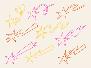 Hand Drawn Shooting Star Outline. A vibrant collection of 9 hand drawn shooting stars with playful trails including loops spirals waves and lightning shapes in neon styled outline