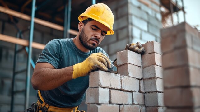 A Hispanic bricklayer inspecting a freshly completed wall at a construction site. Featuring precision and craftsmanship
