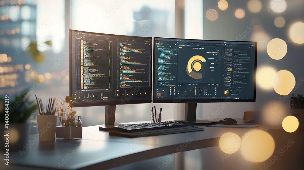 Poster a modern workstation featuring dual monitors displaying colorful coding software, keyboard and potte