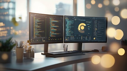 A modern workstation featuring dual monitors displaying colorful coding software, keyboard and potted plants, with a warm bokeh effect in the background