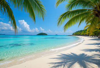 Tropical Paradise Beach with Crystal Clear Water and Palm Trees