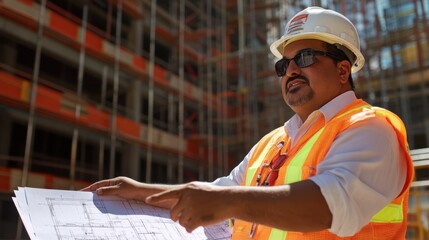 A Hispanic construction foreman reviewing blueprints at an active building site. Featuring leadership and planning