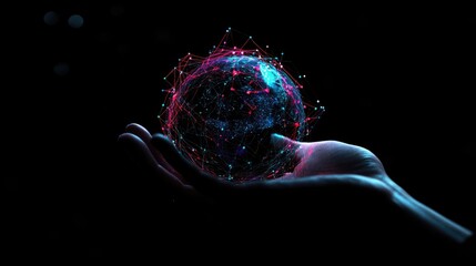 A hand is shown in a dark, abstract background gently holding an illuminated globe.