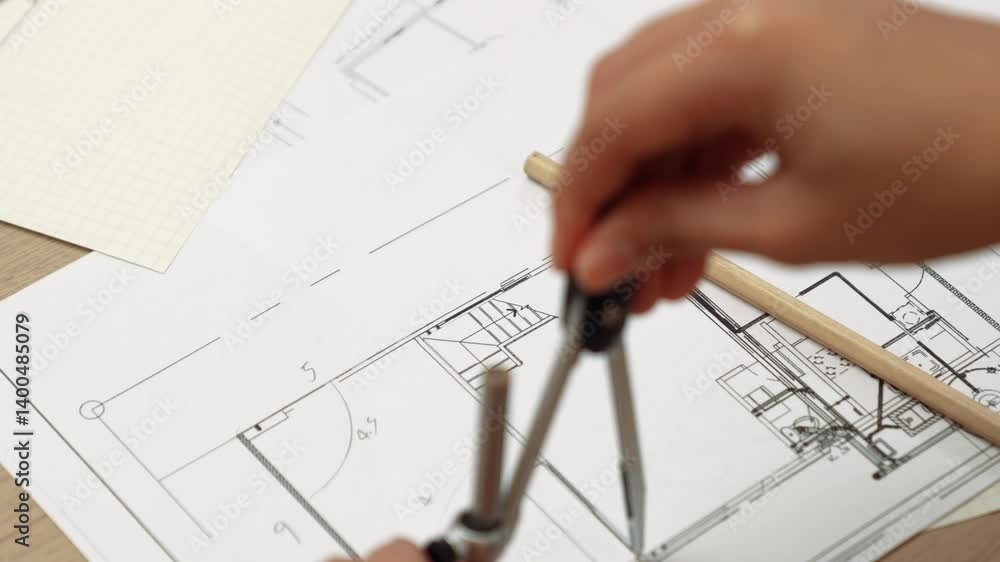 Poster video of clever architect or safety engineer using divider tool and hand writing design a detail on 