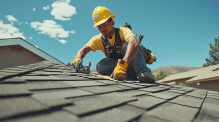 A Hispanic roofer installing asphalt shingles on a residential roof. Featuring skill and safety