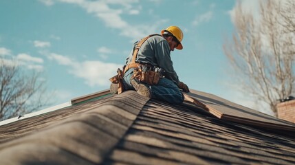 A Hispanic roofer installing asphalt shingles on a residential roof. Featuring skill and safety