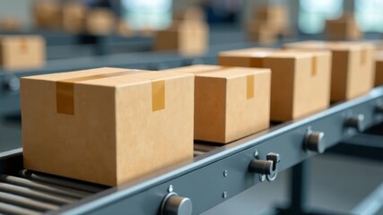Cardboard boxes moving along automated conveyor belt system in warehouse.