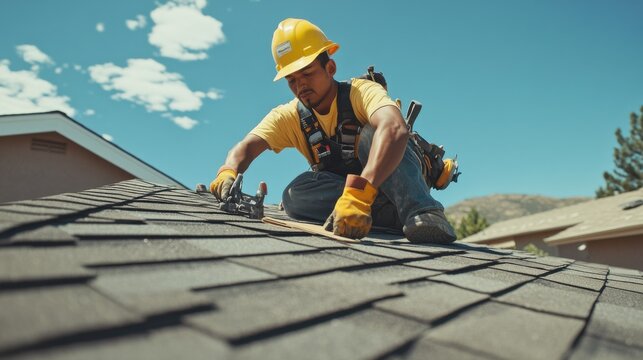 A Hispanic roofer installing asphalt shingles on a residential roof. Featuring skill and safety