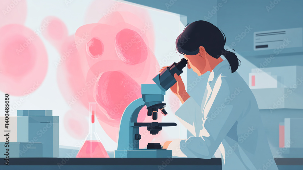 Poster a scientist in a lab coat looking into a microscope with large pink cells in the background art