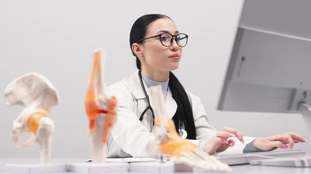 An orthopedic specialist works in a modern office using a computer. Models of the knee joint, pelvic floor and foot are on the table. Concept of orthopedic diagnostics.