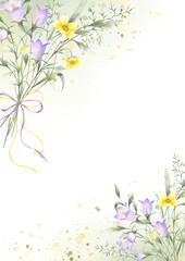 Floral postcard of watercolor wildflowers bellflower, buttercup and meadow grasses isolated from background with copy space, A4. Hand drawn yellow and lilac flowers on green stain for invitations.