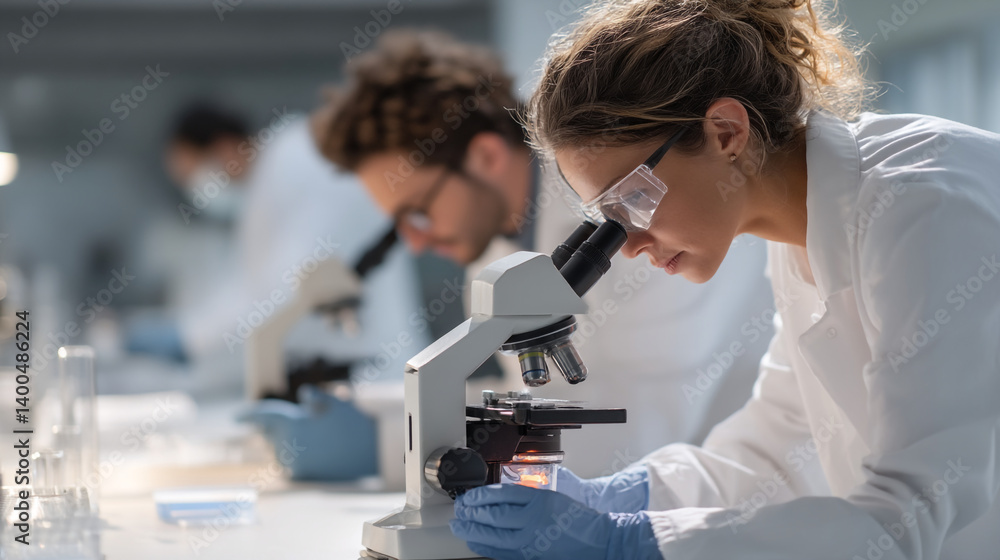 Poster scientists working in a laboratory with microscopes conducting research and experiments carefully