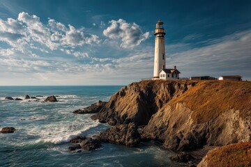 Fototapeta premium Rustic lighthouse on rocky coast with serene ocean and clear blue sky