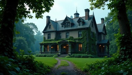 Obraz premium Overgrown bushes and vines covering a grand mansion, darkness, mansion
