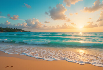 Obraz premium Golden Hour Ocean Waves at Tropical Beach with Sunset Sky