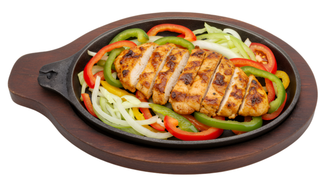 Grilled Chicken Fajitas with Peppers and Onions on Rustic Skillet Transparent Background