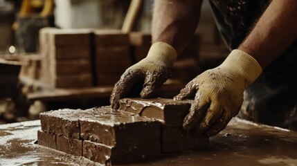Bricklayer carefully placing and aligning bricks with wet mortar. Featuring precision and craftsmanship
