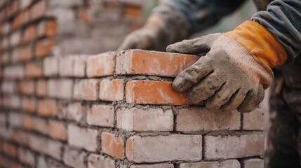 Bricklayer placing the final brick on a wall. Featuring craftsmanship and attention to detail