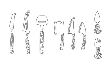Different types of cheese knives. Hand drawn black outline clipart for your projects.