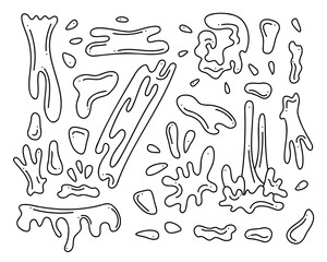 Cheese splashes and flowing cheese. Hand drawn black outline clipart for your projects.