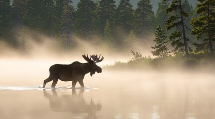 Moose crossing misty lake in early morning silence