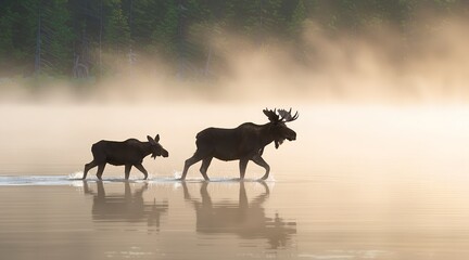 Moose crossing misty lake in early morning silence