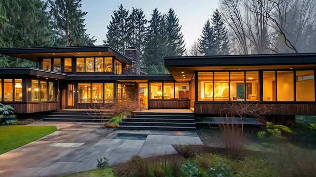 Modern, wood-clad home nestled in a lush forest setting at dusk.  Illuminated interior visible through expansive windows