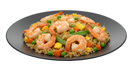 Shrimp and Vegetable Fried Rice on Dark Gray Plate, Transparent Background