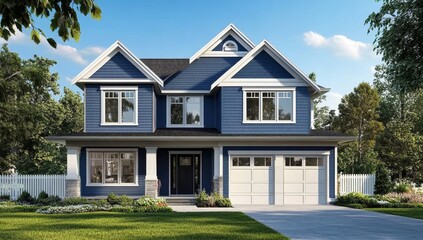 Spacious, classic, two-story home with a welcoming facade.  Crisp blue exterior, accented by white trim and a front porch.  Ideal for families seeking a comfortable and modern aesthetic