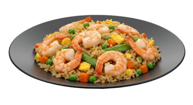 Shrimp and Vegetable Fried Rice on Dark Gray Plate, Transparent Background