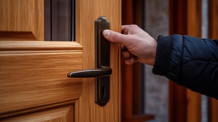 Carpenter adjusting a wooden door frame for installation. Featuring precision and craftsmanship