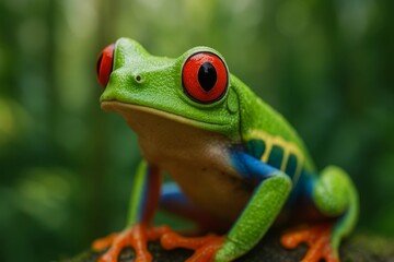 Obraz premium Vibrant Green Tree Frog Resting on a Leaf in the Jungle During a Sunny Day