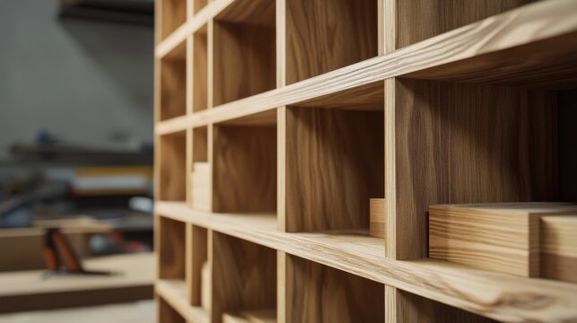 Carpenter assembling a wooden bookshelf in a workshop. Featuring precision and craftsmanship