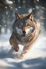 Fototapeta premium Majestic Wolf Running Through Snowy Landscape in Winter Scene