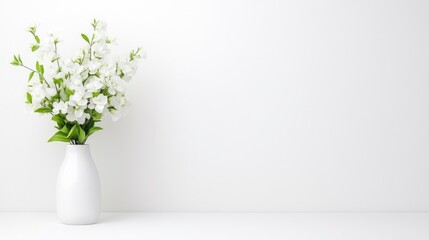 A white ceramic vase with fresh white flowers and green leaves on a minimalist white background, and elegant and simple floral arrangement for home decor.