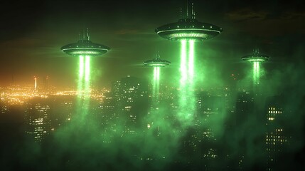 Mysterious green ufos hover over a city at night.