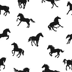 Seamless pattern showcasing horse silhouettes in dynamic poses